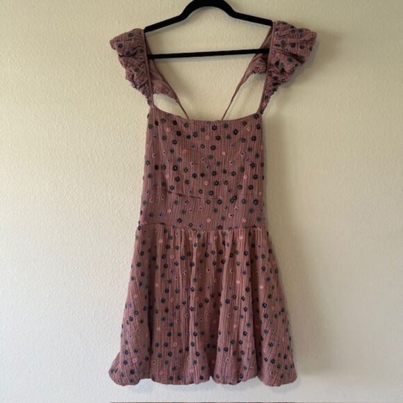 Free People Dizzy Ditsy Bubble Mini Sundress Purple Embroidery Flowers Size L - Picture 3 of 7